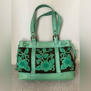 NWOT Y2K Isabella Fiore Green Floral Embroidered Shoulder Bag tote handbag Purse